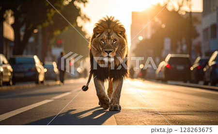 Lion Walking Through the City Street 128263675