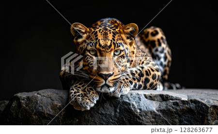 Leopard on a Rock with Black Background 128263677