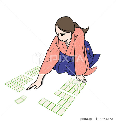 百人一首でかるたを取る袴を着た女性のイラスト素材 百人一首でかるたを取る袴を着た女性のイラスト素材 128263878