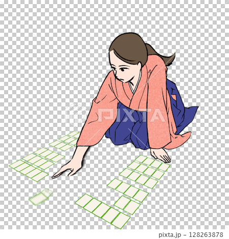 百人一首でかるたを取る袴を着た女性のイラスト素材 百人一首でかるたを取る袴を着た女性のイラスト素材 128263878