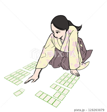 百人一首でかるたを取る袴を着た女性のイラスト素材 百人一首でかるたを取る袴を着た女性のイラスト素材 128263879