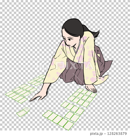 百人一首でかるたを取る袴を着た女性のイラスト素材 百人一首でかるたを取る袴を着た女性のイラスト素材 128263879
