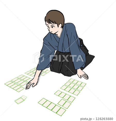 百人一首でかるたを取る袴を着た男性のイラスト素材 128263880