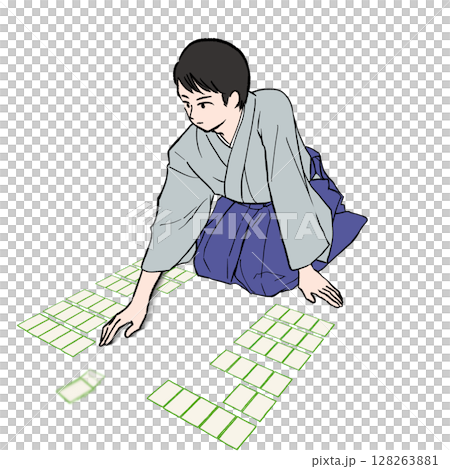 Illustration material of a man wearing a hakama playing karuta at Hyakunin Isshu Illustration material of a man wearing a hakama playing karuta at Hyakunin Isshu 128263881