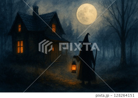夜の森に佇む魔女の家 128264151
