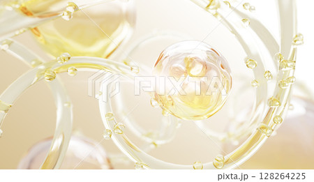 Serum or collagen gel texture with bubbles. Gold liquid transparent 3d background with oil drops and wavy surface. Vitamin essence, hyaluronic acid or keratin for skin and hair care. 3D illustration 128264225