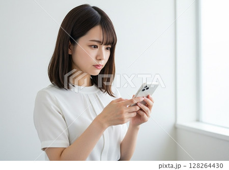 スマホを操作する日本人女性（白バック・切り抜き用） 128264430