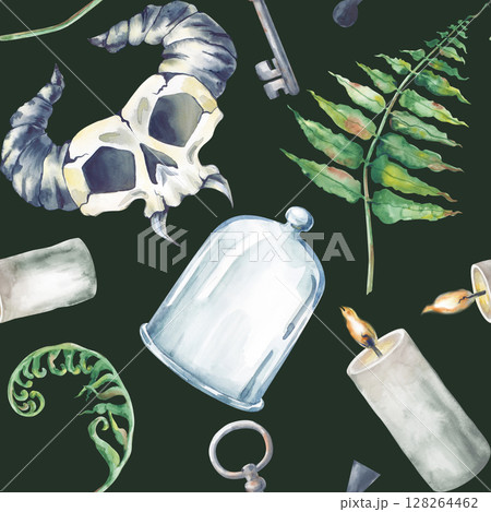 A seamless watercolor pattern with hand-painted witchcraft elements on a dark green background. A horned skull, a glass dome, a key, lighted candles and fern leaves. Seamless Halloween template. 128264462