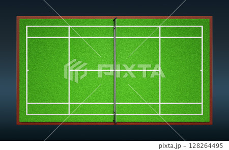 3d tennis court top view. Night field stadium with net, green grass texture, white lines and light on dark blue background. Isolated empty sports playground for training or tournament. 3D illustration 128264495