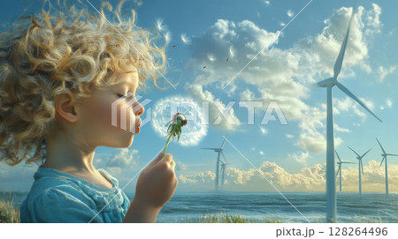 Child Blowing Dandelion Near Wind Turbines by the Ocean 128264496