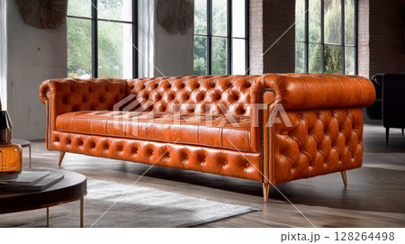 Classic brown leather Chesterfield sofa in a modern living space. 128264498