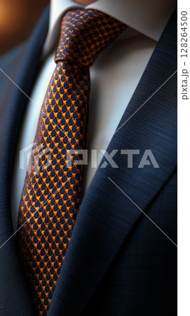 Elegant Business Suit with Vibrant Orange Geometric Tie 128264500