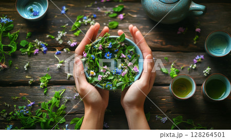 Hands Cradling a Floral Wreath on Wooden Surface 128264501