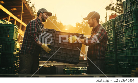 Farmers Loading Crates on a Rustic Farm Farmers Loading Crates on a Rustic Farm 128264504