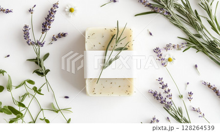 Natural Handmade Soap with Herbs and Flowers on Pastel Background 128264539