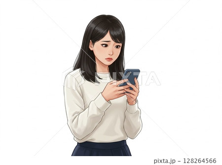 困惑の表情でスマホ画面を見る日本人女性(白バック・切り抜き用) 困惑の表情でスマホ画面を見る日本人女性(白バック・切り抜き用) 128264566