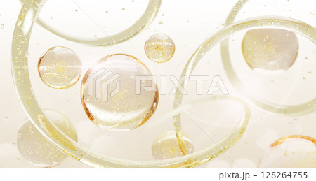 3d gold liquid cosmetic skin care background. Oil drops texture with bubbles, waves and splashes. Yellow transparent serum, collagen gel, hyaluronic acid or vitamin essence render. 3D illustration 128264755