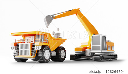 Excavator loading rocks on mining dump truck 3d render. Heavy industrial machinery working at quarry. Stone industry, gravel extraction for road. Isolated backhoe loader with dumper. 3D illustration Excavator loading rocks on mining dump truck 3d render. Heavy industrial machinery working at quarry. Stone industry, gravel extraction for road. Isolated backhoe loader with dumper. 3D illustration 128264794