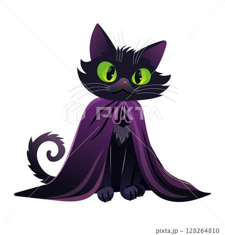 An adorable Halloween Cat in a dazzling purple cape eagerly awaits your attention 128264810