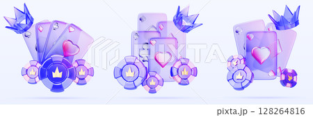 3d set of glass morphism casino poker card, chip and holographic transparent crown, game ui icon. Token money and ace bet for playing online roulette or blackjack. Lucky win gambling. 3D illustration 128264816