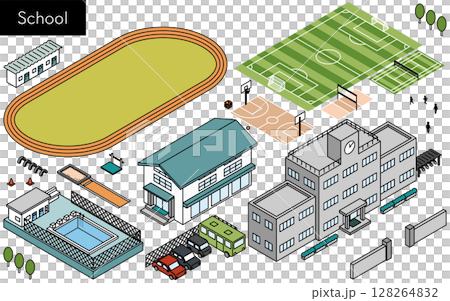 一組用於學校建築、操場和體育設施的簡單線條等距插圖 一組用於學校建築、操場和體育設施的簡單線條等距插圖 128264832