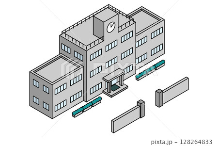 学校の建物・校舎を俯瞰で描いたシンプルな線画のアイソメトリックイラスト 学校の建物・校舎を俯瞰で描いたシンプルな線画のアイソメトリックイラスト 128264833