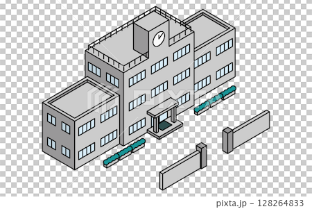 学校の建物・校舎を俯瞰で描いたシンプルな線画のアイソメトリックイラスト 学校の建物・校舎を俯瞰で描いたシンプルな線画のアイソメトリックイラスト 128264833