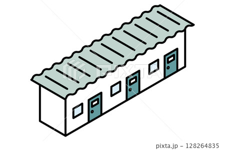 仮設住宅や更衣室などのプレハブ小屋のシンプルな線画のアイソメトリックイラスト 128264835