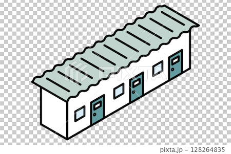 臨時住房和更衣室等預製小屋的簡單線條等距圖示 128264835