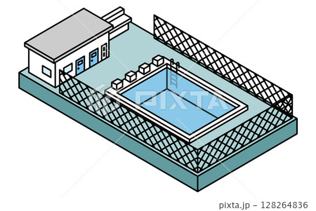 フェンスで囲まれた屋外にある学校のプール（更衣室つき）のシンプルな線画のアイソメトリックイラスト 128264836