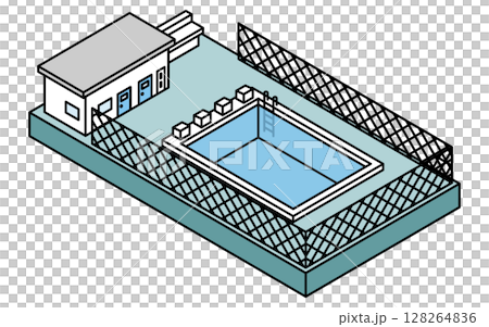 フェンスで囲まれた屋外にある学校のプール（更衣室つき）のシンプルな線画のアイソメトリックイラスト 128264836