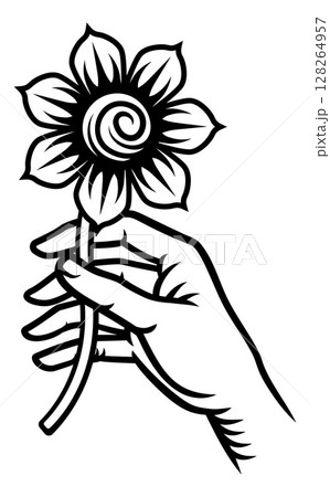 Hand Holding Flower Vintage Woodcut Tattoo Style 128264957