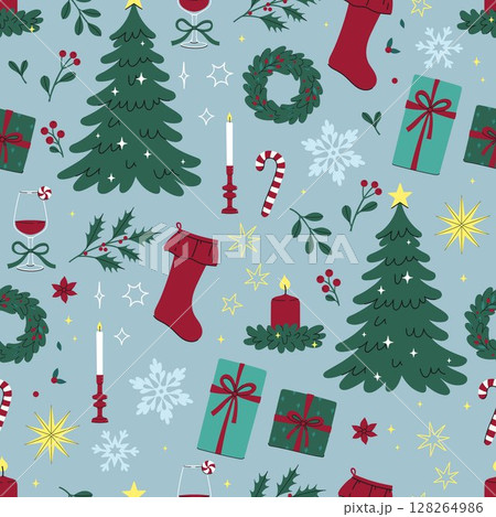 Seamless pattern with elegant Christmas items. Vector graphics Seamless pattern with elegant Christmas items. Vector graphics 128264986