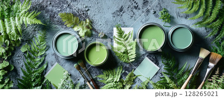 Shades of Green Paint and Lush Fern Leaves in Nature Setting 128265021