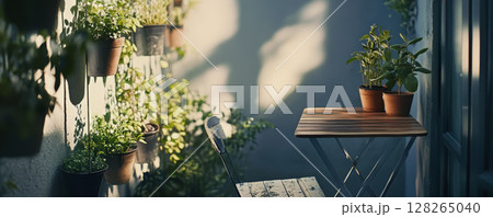 Sunlit Urban Balcony with Potted Plants and Wooden Table 128265040