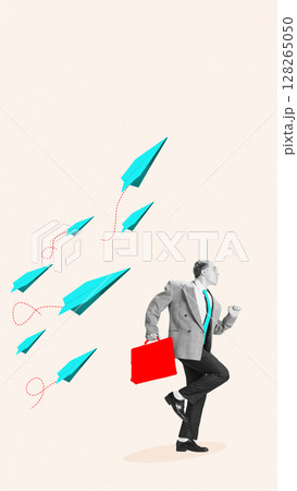 Digital art. Businessman with briefcase surrounded by flying paper planes Digital art. Businessman with briefcase surrounded by flying paper planes 128265050