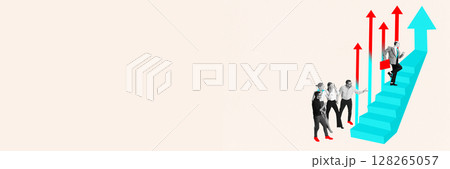 Cutout collage. Man climbing stairs with arrows and group watching 128265057