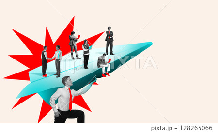 Modern composition. Group of business people standing on large paper plane 128265066