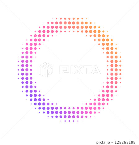 紫・ピンク・オレンジのハーフトーンで描かれた円形グラデーションデザイン 128265199
