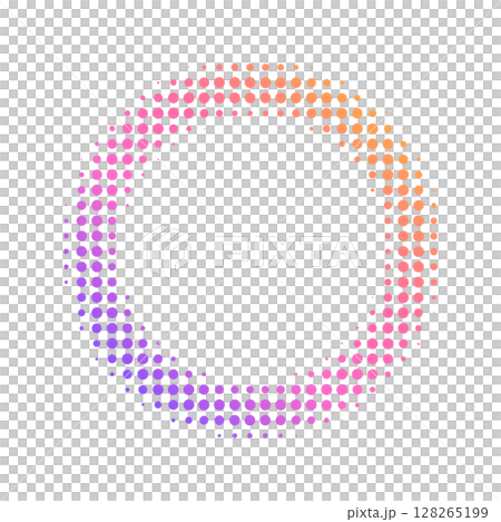 紫・ピンク・オレンジのハーフトーンで描かれた円形グラデーションデザイン 128265199