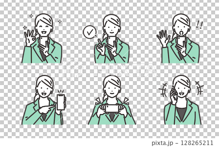 Various facial expressions set of a young business woman operating a smartphone 128265211