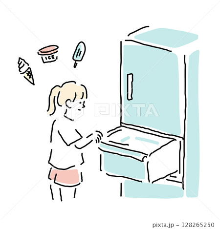 冷凍庫のアイスを選ぶ女の子の夏のイメージイラスト（日本の小学生） 128265250