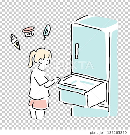 冷凍庫のアイスを選ぶ女の子の夏のイメージイラスト（日本の小学生） 128265250