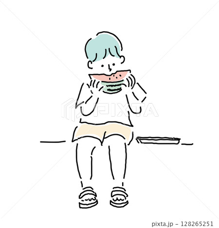 スイカを食べる男の子の夏イメージイラスト（小学生・手描き） 128265251