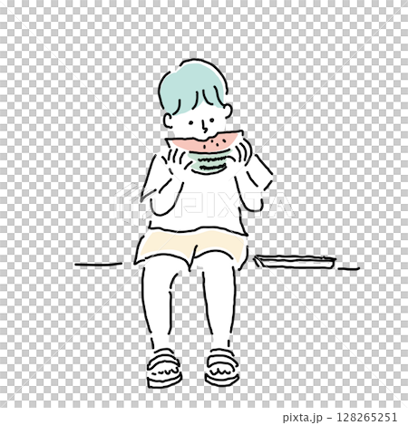 スイカを食べる男の子の夏イメージイラスト（小学生・手描き） 128265251