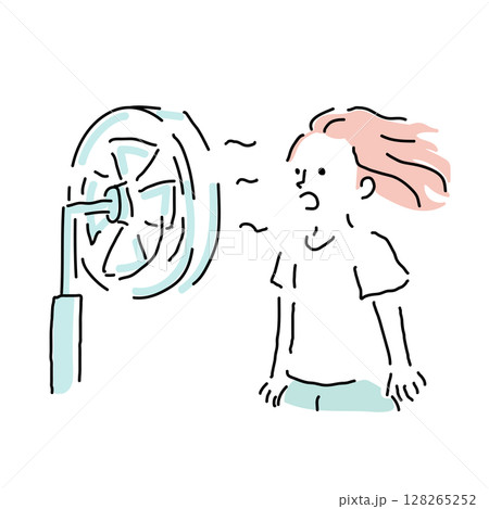 扇風機に向かって声を出して遊ぶ女の子の夏イラスト（小学生・手描き） 128265252