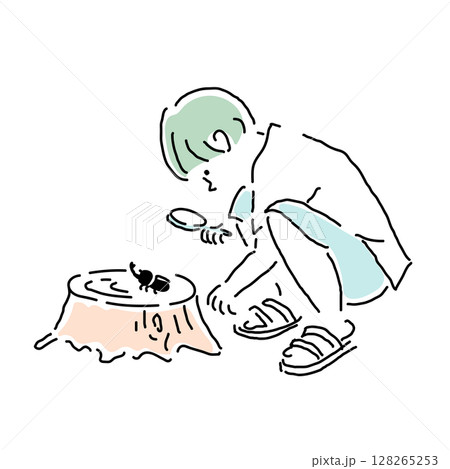 虫眼鏡でカブトムシを観察する男の子の夏イラスト（小学生・自由研究） 128265253