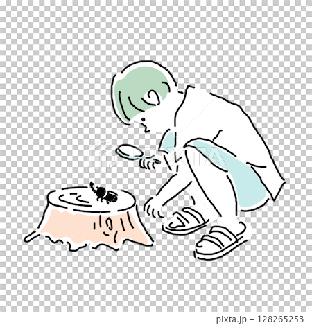 虫眼鏡でカブトムシを観察する男の子の夏イラスト（小学生・自由研究） 128265253