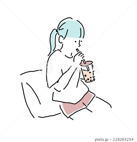 タピオカミルクティーを飲む女の子のイラスト（小学生・夏のワンシーン） 128265254