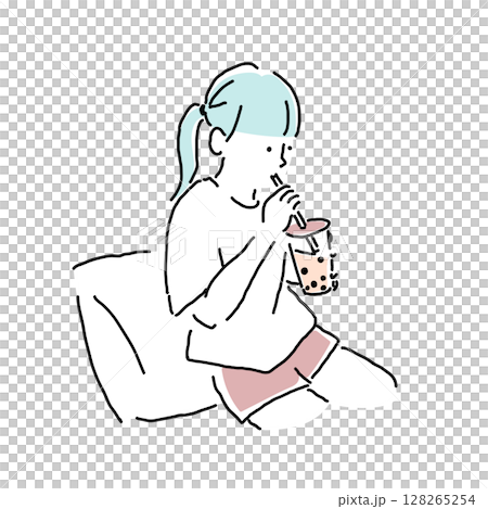 喝木薯奶茶的女孩的插圖(小學生,夏日場景) 喝木薯奶茶的女孩的插圖(小學生,夏日場景) 128265254